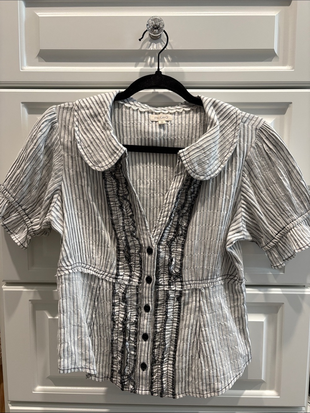 Pilcro Ruffled Button-Front Striped Blouse - Gray & White